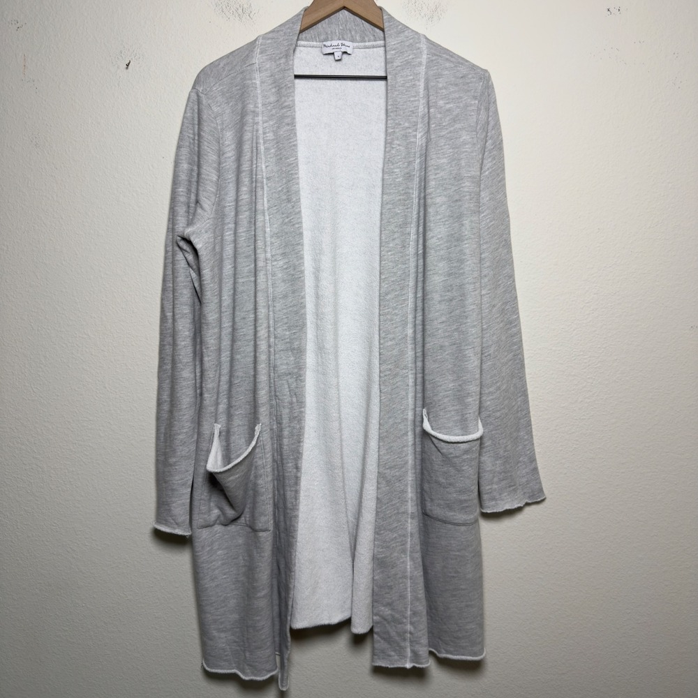 Michael Stars Women Cotton Cardigan Large Grey Open Front Raw Hem Duster Pocket